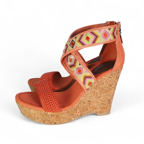 The Sak Criss Cross Wedge Ankle Sandals "Bright Orange Aztec Print" Women's 8 - Picture 2 of 11